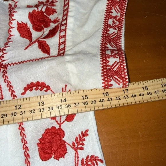 Madewell White Top XXS Red Embroidery Square Neck Short Sleeve Boho Flowy Chic - Picture 5 of 6
